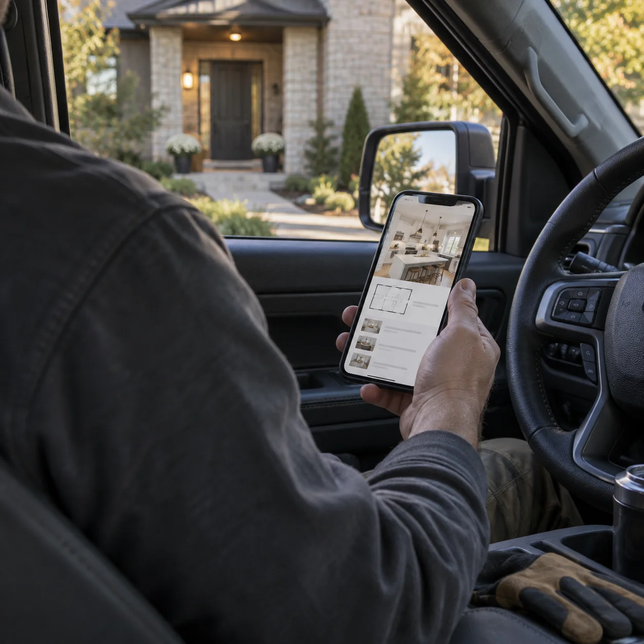 A contractor reviews a homeowner’s renovation Project File on a phone in a work truck before a call