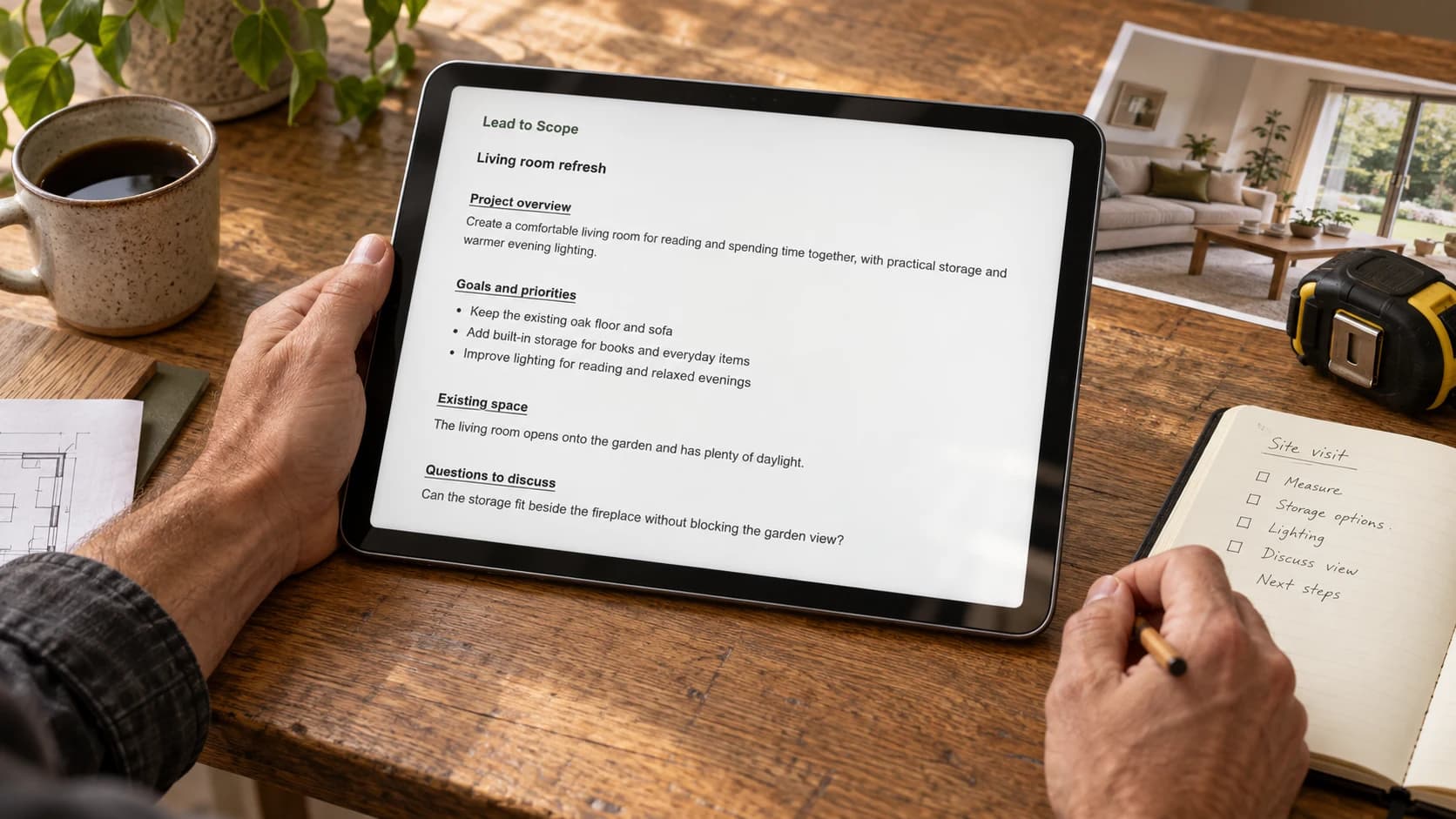 A contractor reviews a homeowner’s Project File on a tablet beside a tape measure and a notebook for the first site visit
