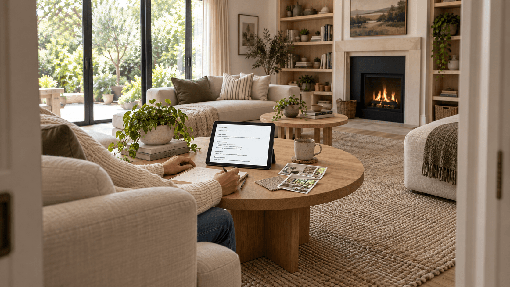 A warm living room with a Project File being prepared on a tablet at the coffee table
