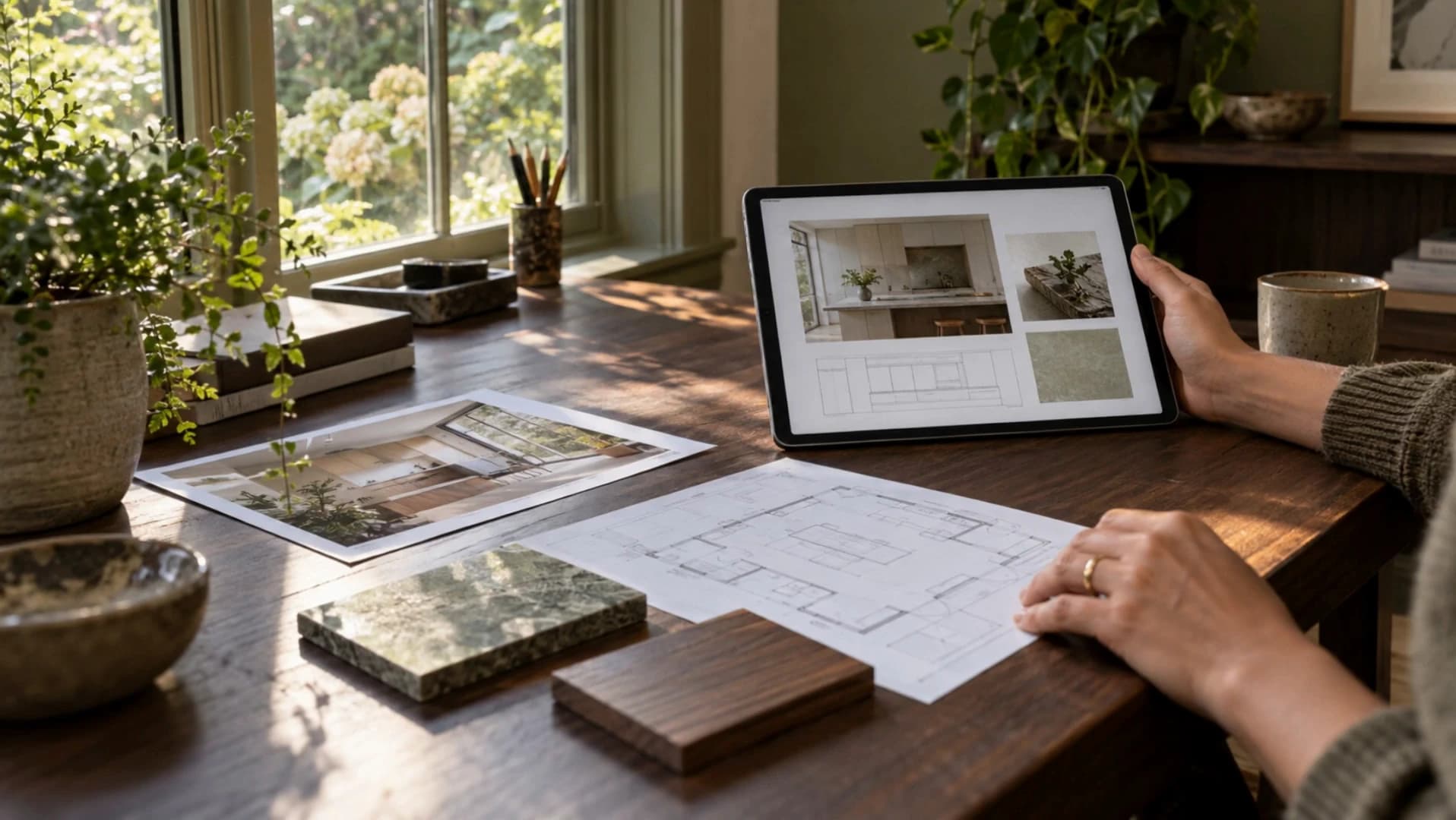 A homeowner reviews a Project File on a tablet beside project plans at home