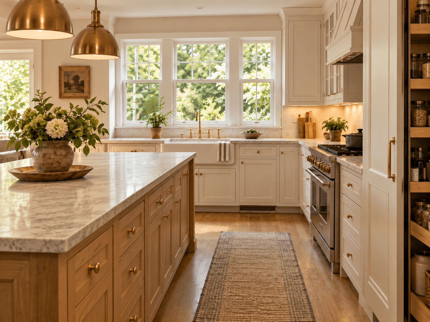 Another angle of the same inspiration kitchen, showing the oak island, brass pendants and window-side sink