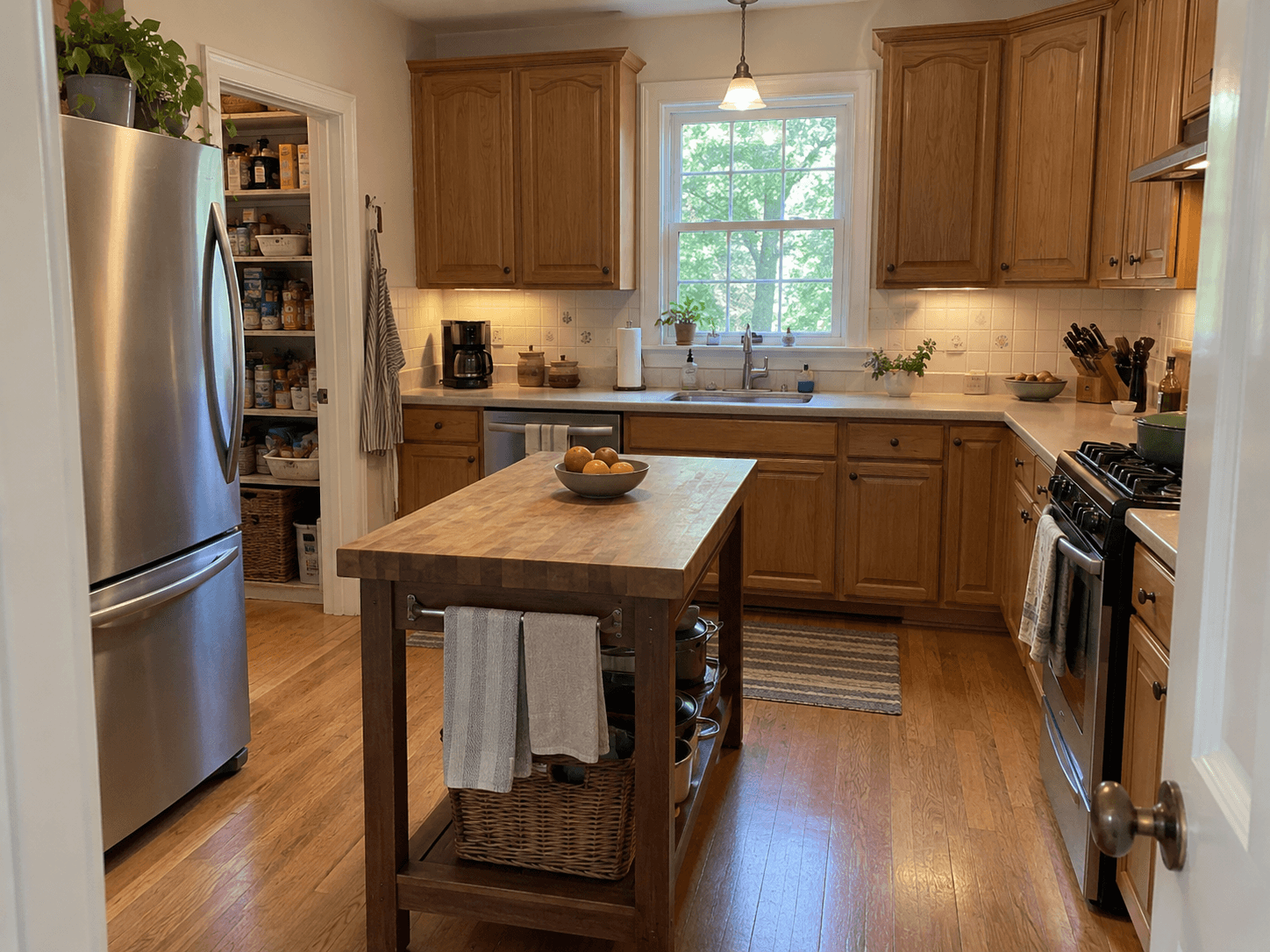 Oak cabinets, the central worktable and pantry in the current kitchen