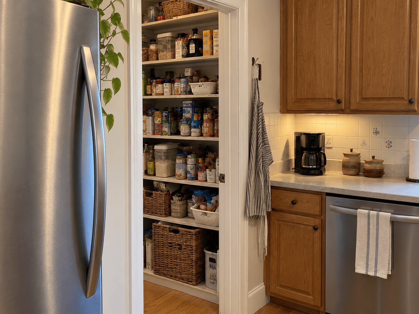 The existing pantry shelves beside the refrigerator