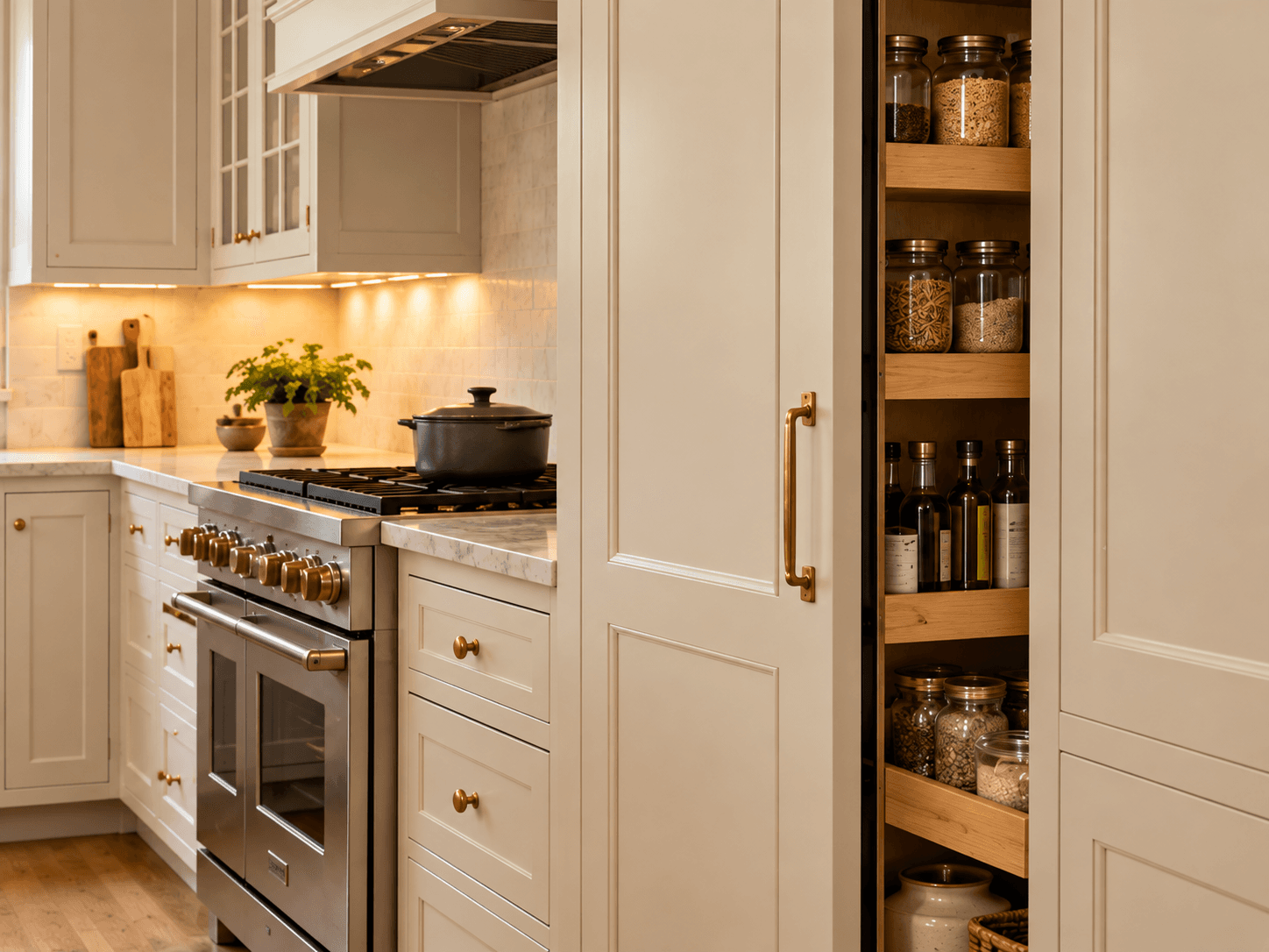 A separate reference kitchen with accessible pantry storage and task lighting