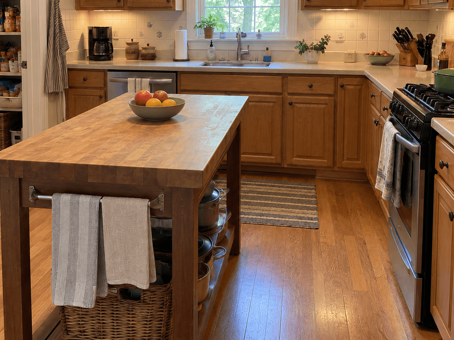 The wood worktable and circulation space in the current kitchen