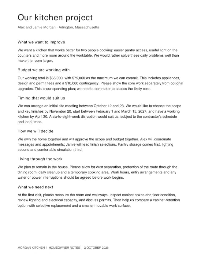 Preview of the homeowner's priorities, budget and timing notes
