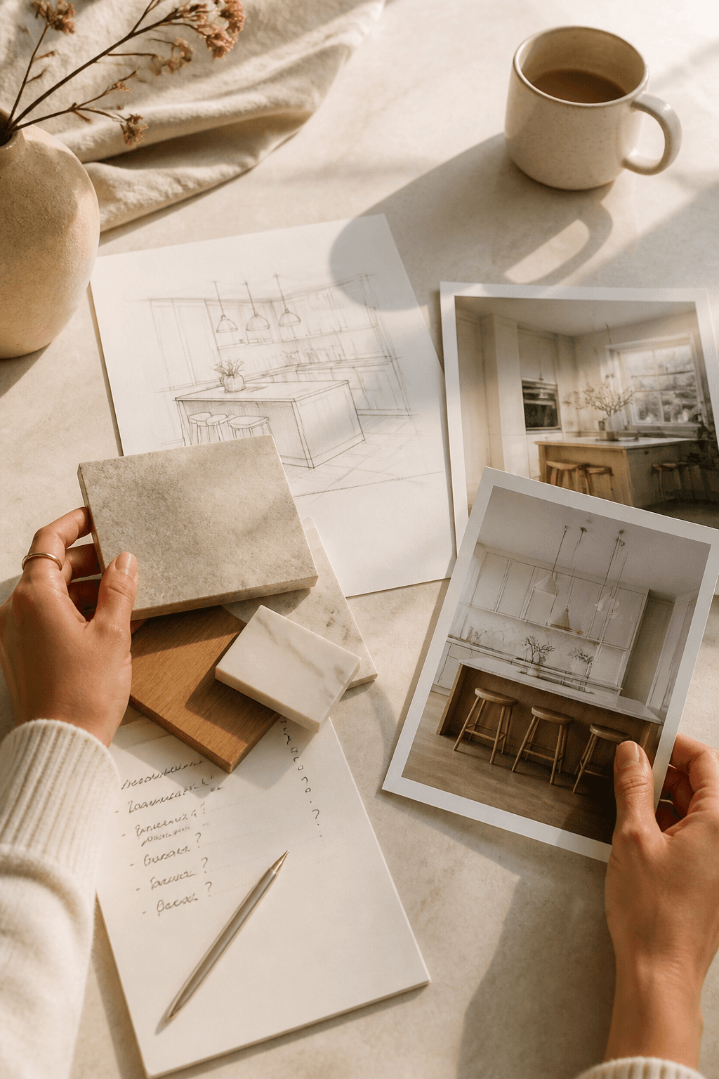 A homeowner organizes kitchen ideas, photos, material samples, and questions for a Project File