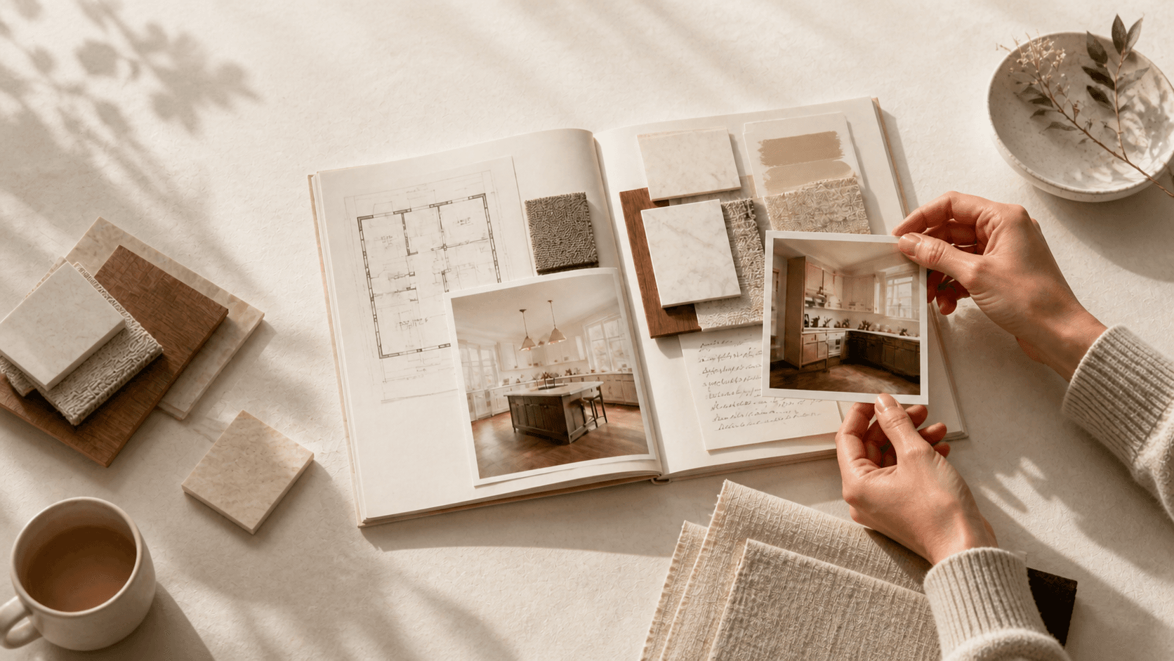 A homeowner adds a kitchen reference photo to an open Project File with plans and material samples