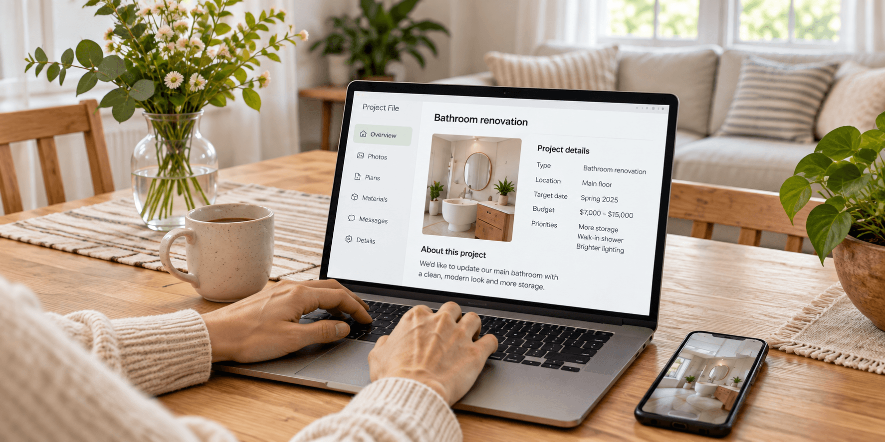 Illustrative homeowner hands preparing a Project File at a dining table in a comfortable home