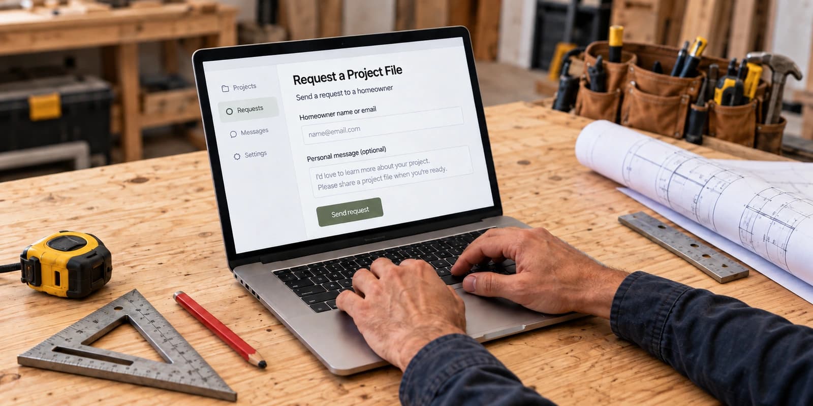 Illustrative contractor hands sending a Project File request from a laptop beside plans and tools