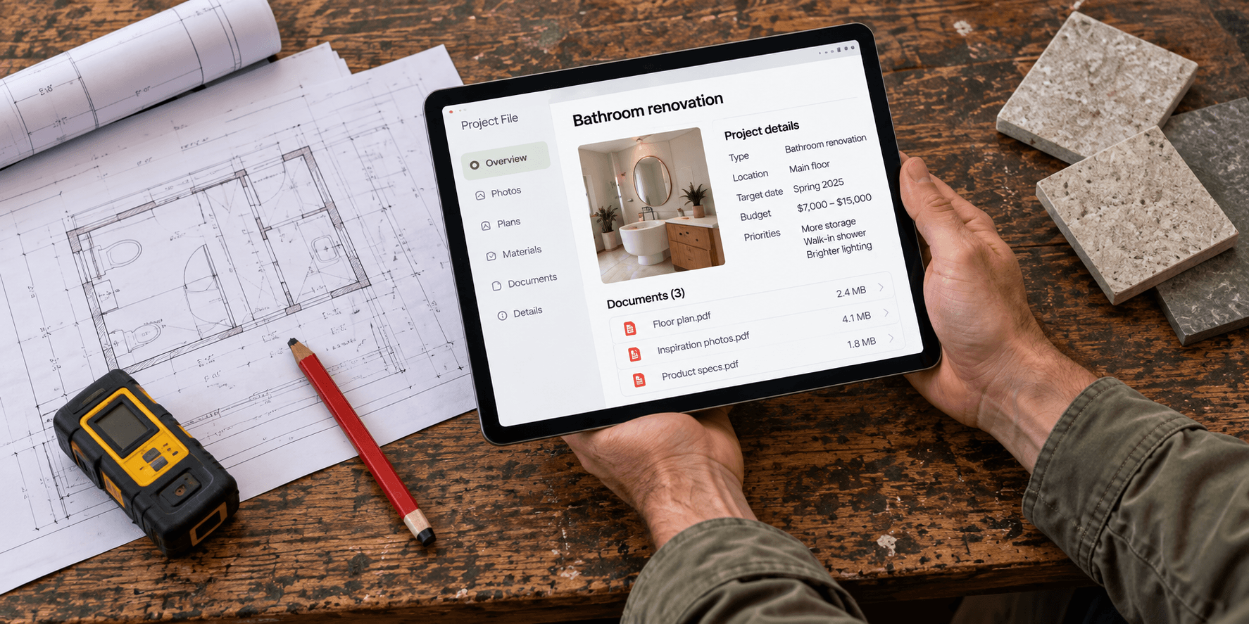 Illustrative contractor hands reviewing a received Project File on a tablet beside drawings and measuring tools