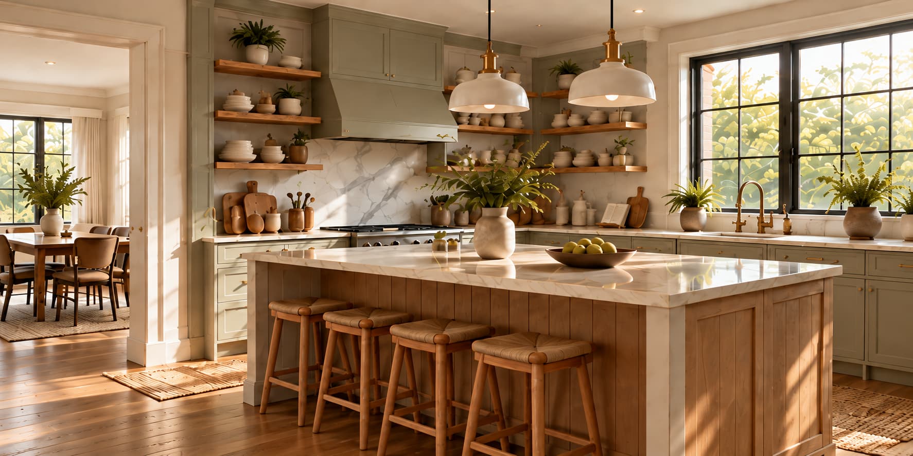 Sunlit kitchen with oak flooring, a central island, and a dining area to the left