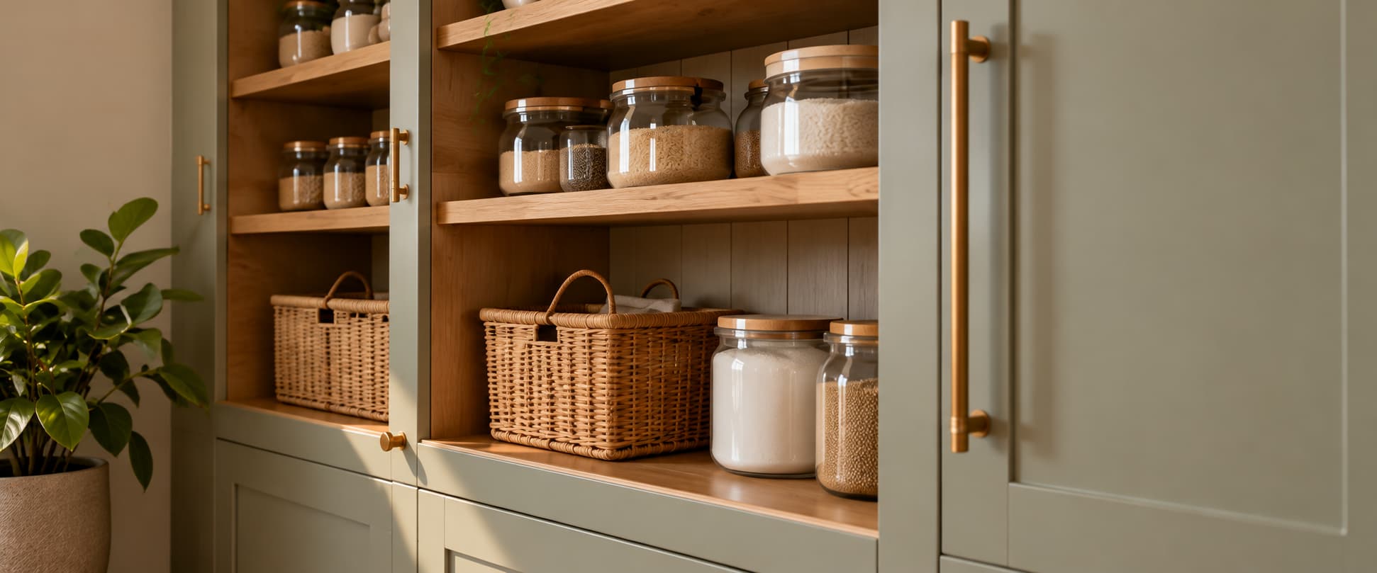 Oak pantry shelves with jars and baskets for everyday essentials