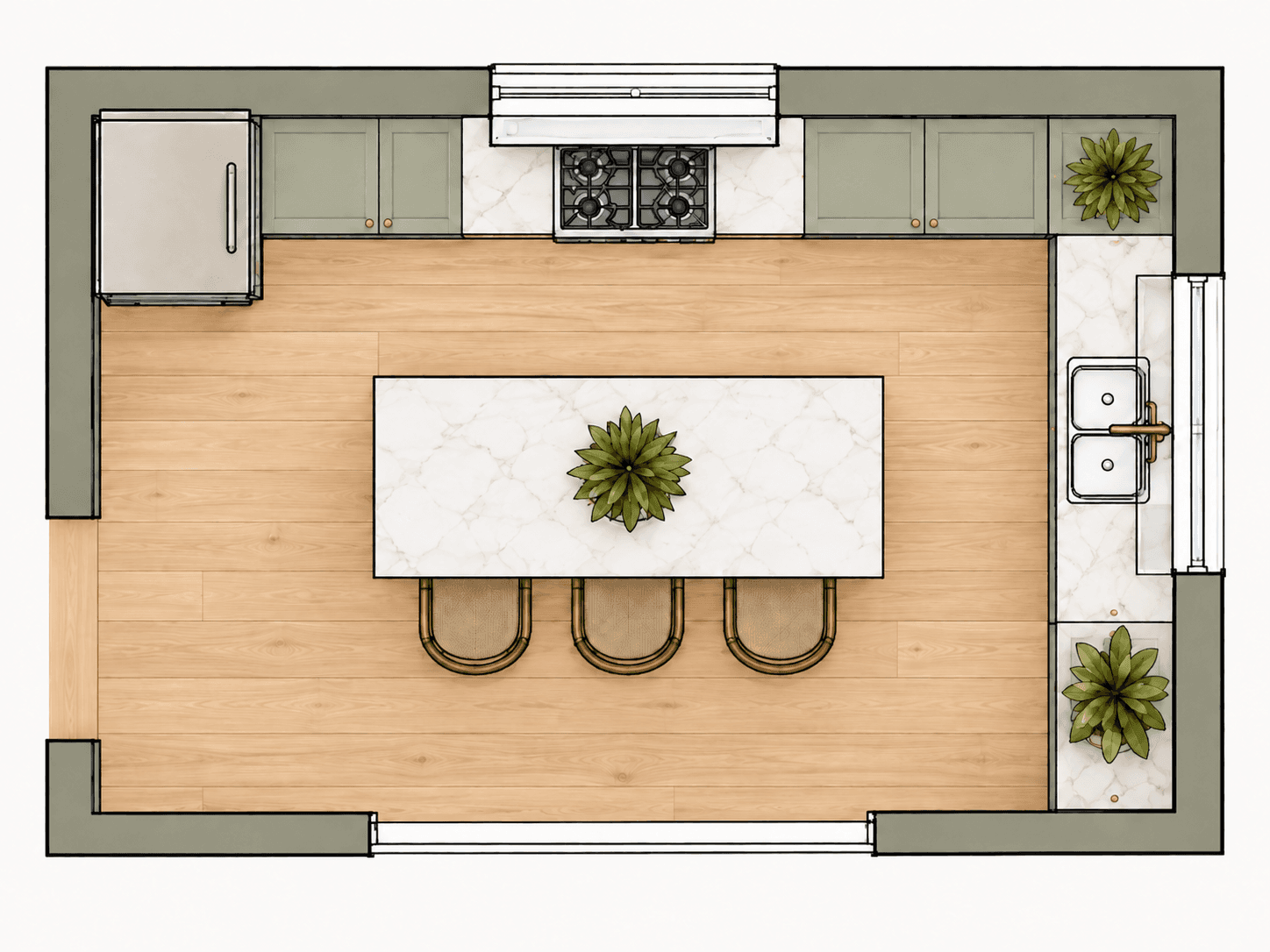Illustrative kitchen floor plan with the range on the back wall, sink on the right, and a central island